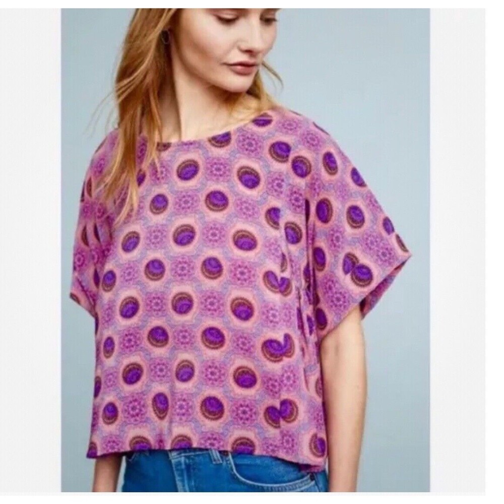 Anthropologie Maeve Milla Printed Floral Boho Short Sleeve Blouse Size M